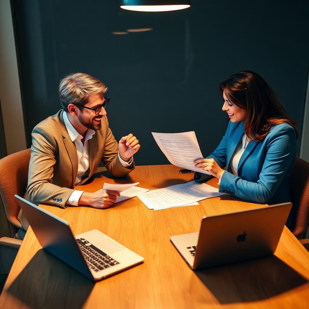 Two professionals discussing terms and agreements at a meeting table.