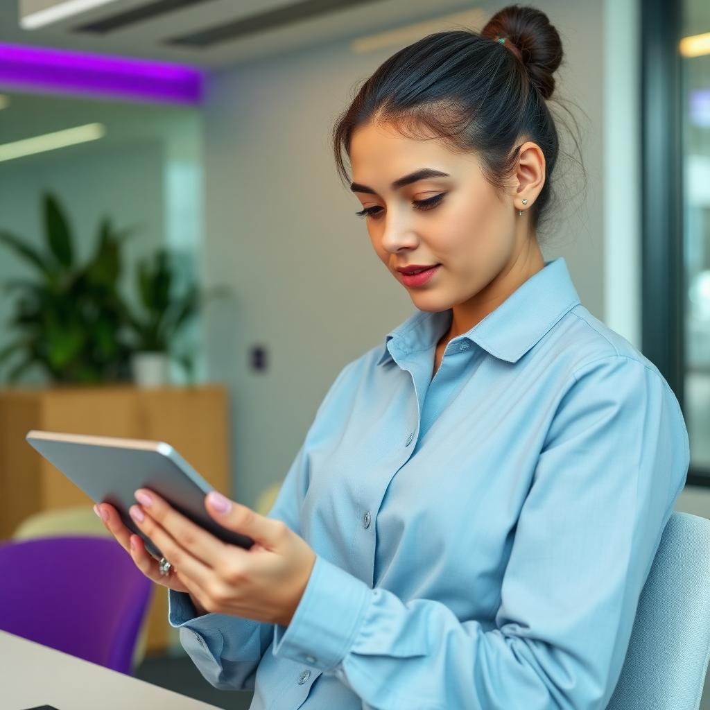 International professional reviewing a data-sharing consent screen on a tablet.